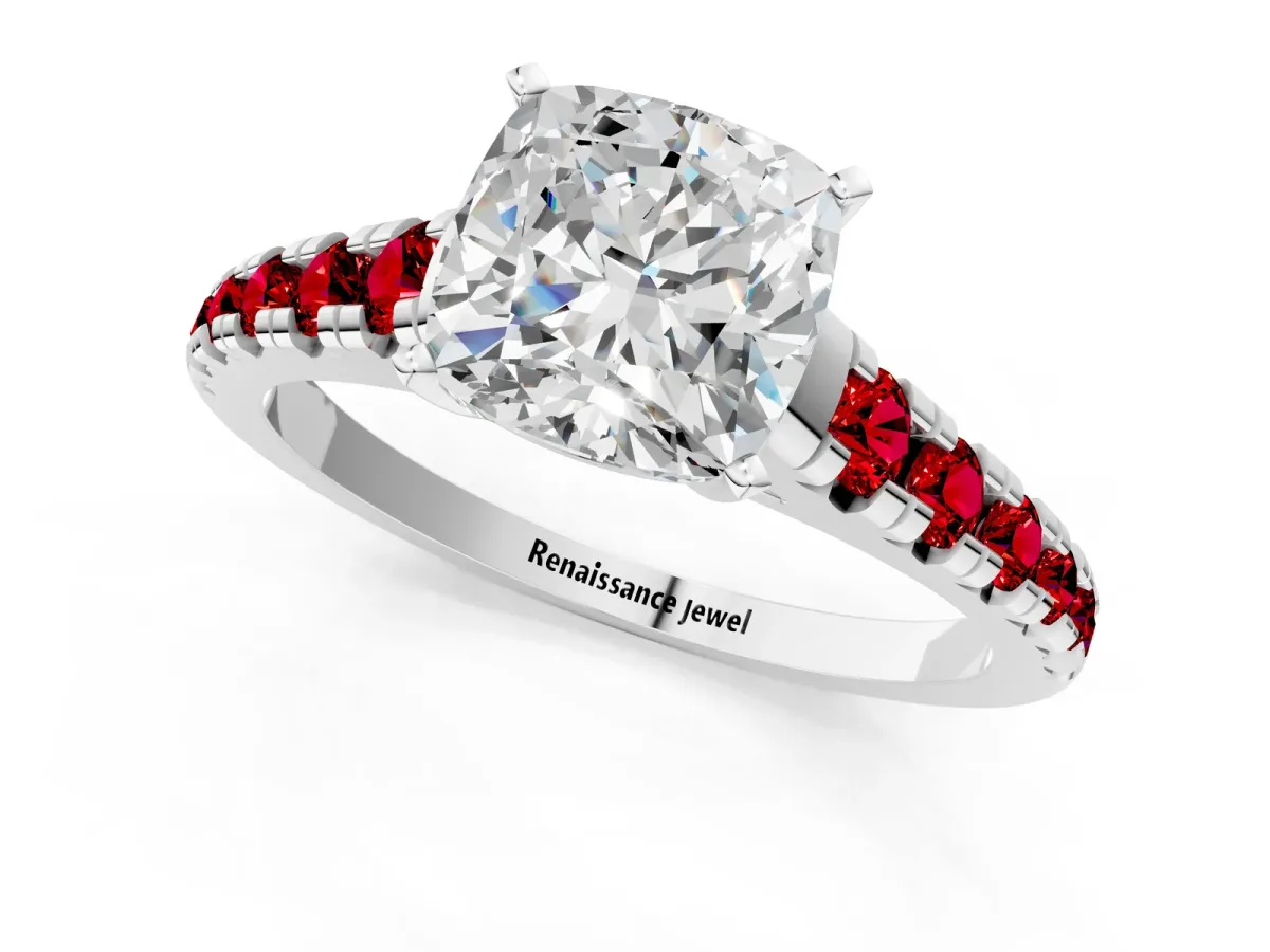 Cushion Cut Diamond Cathedral Solitaire Ring with Round Ruby Pavé Band White gold