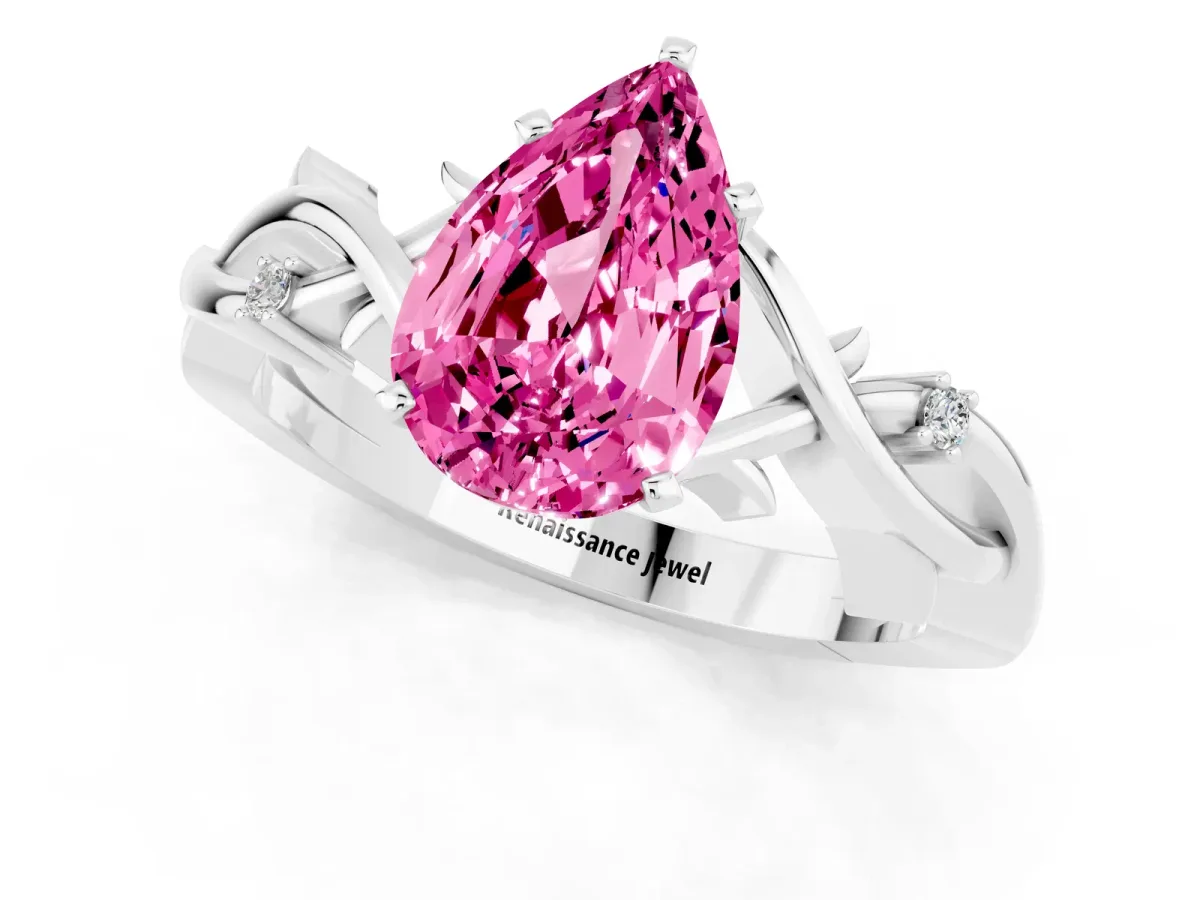Pear Cut Pink Sapphire Solitaire Ring with Twisted Band and Prong Setting Platinum