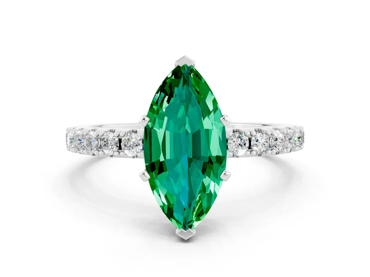 Marquise Cut Emerald Solitaire Pavé Band with Four-Prong Setting Silver