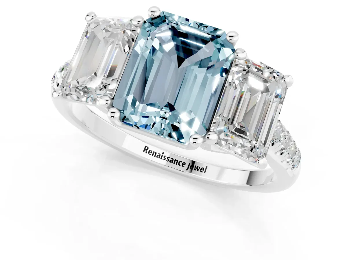 Three-Stone Emerald Cut Aquamarine Ring with Round Pavé Band and Prong Setting Silver
