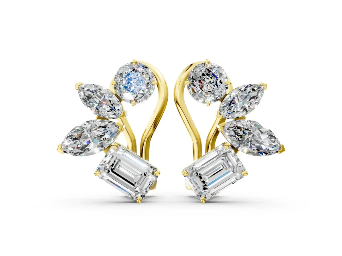 Multi-Shape Diamond Cluster Stud Earrings Yellow gold