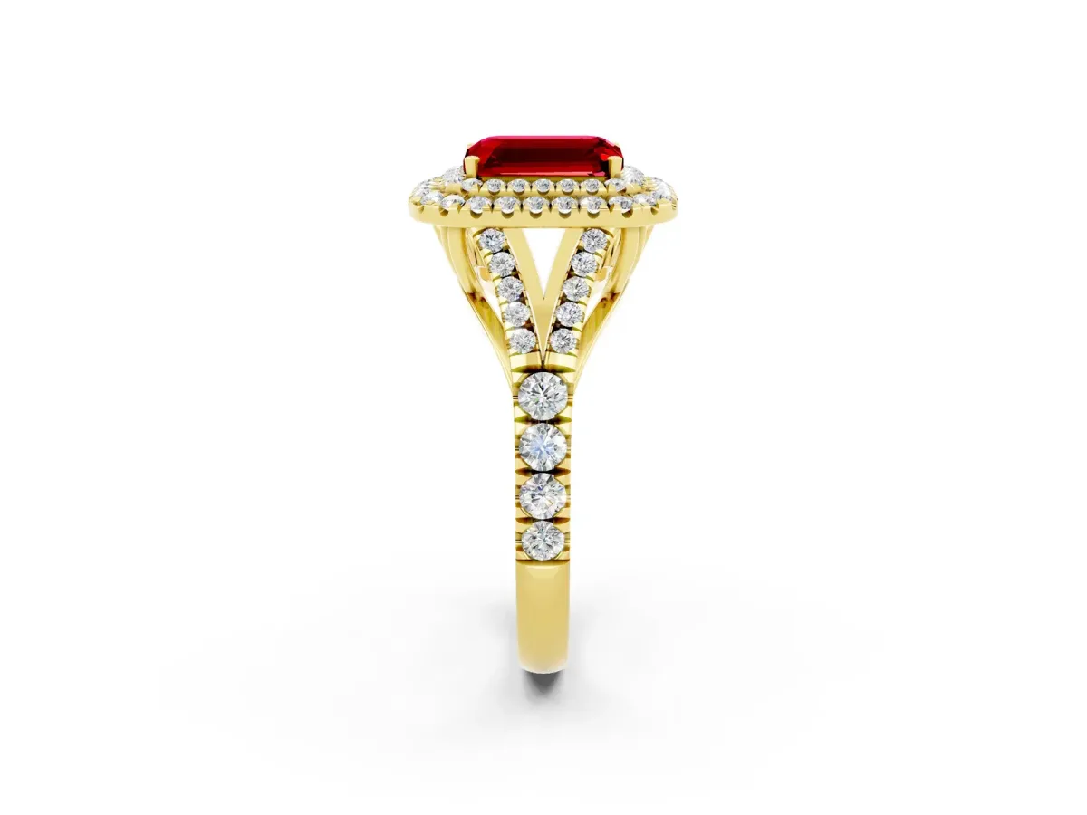Double Halo Emerald Cut Ruby Split Shank Engagement Ring with Four-Prong Setting Yellow gold