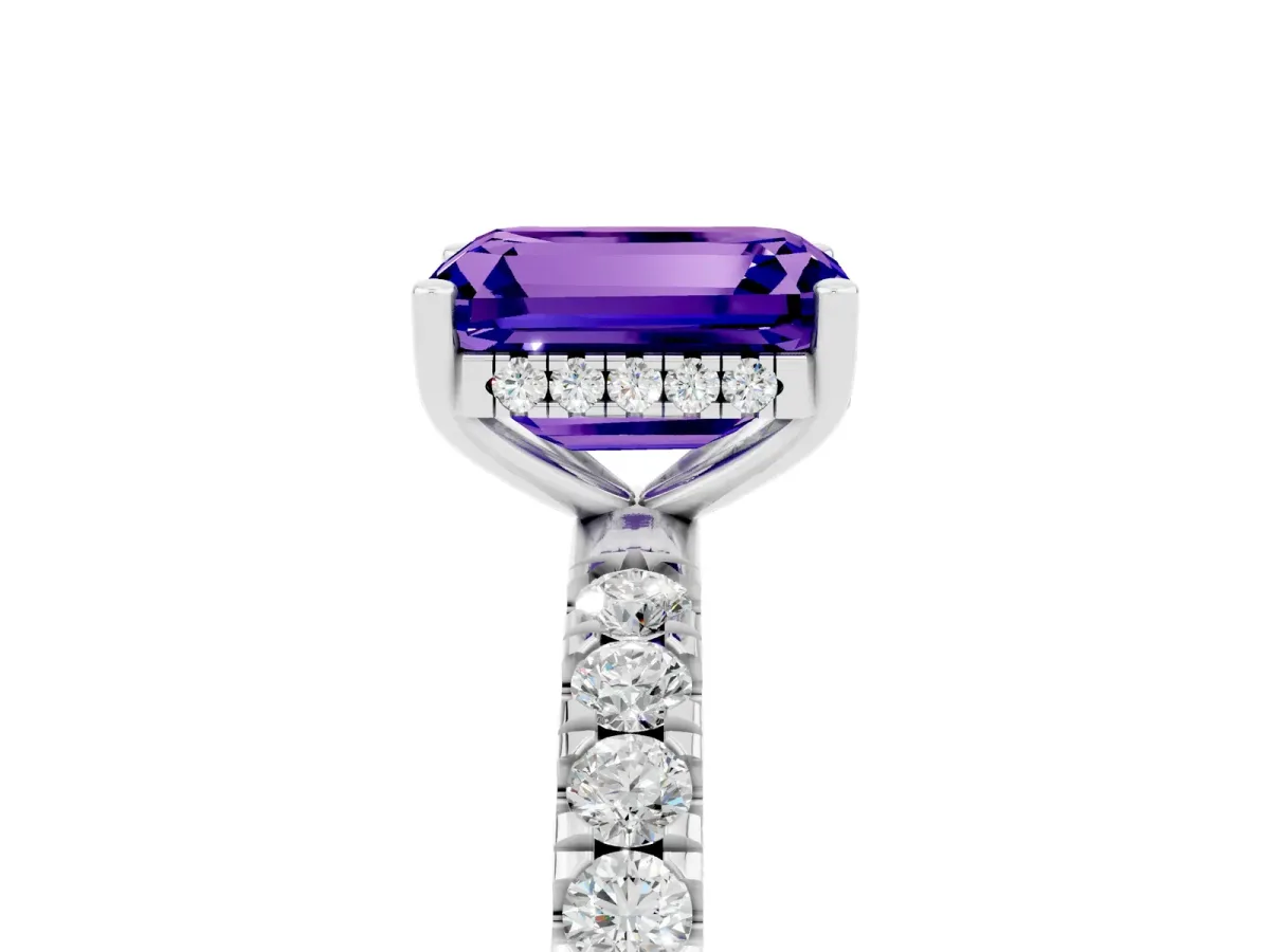 Emerald Cut Tanzanite Pave Band Solitaire Ring with Round and Prong Setting Silver