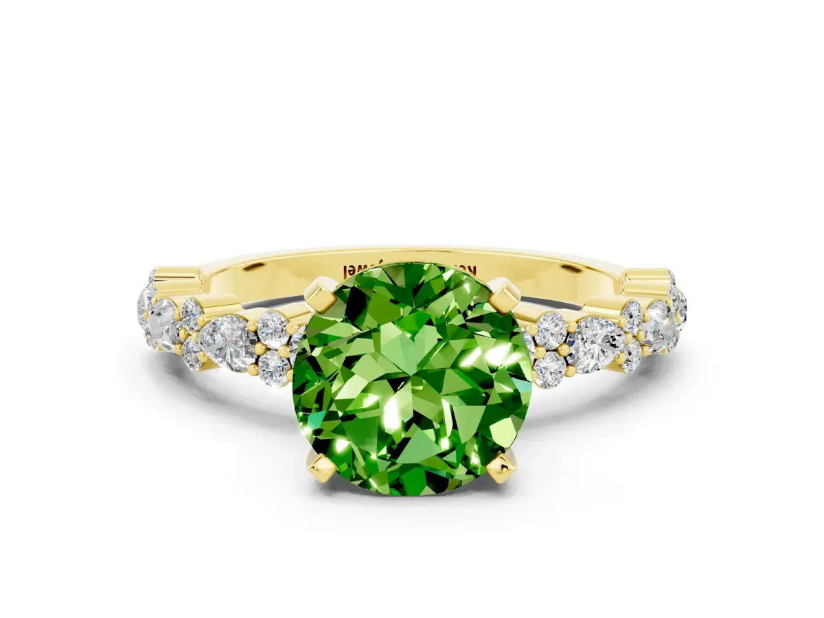 Round Cut Peridot Side Stone Solitaire Ring with Round and Four-Prong Setting Yellow gold