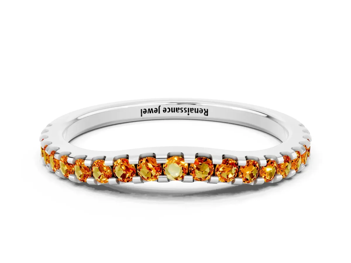 Round Citrine Pavé Curved Wedding Band Silver
