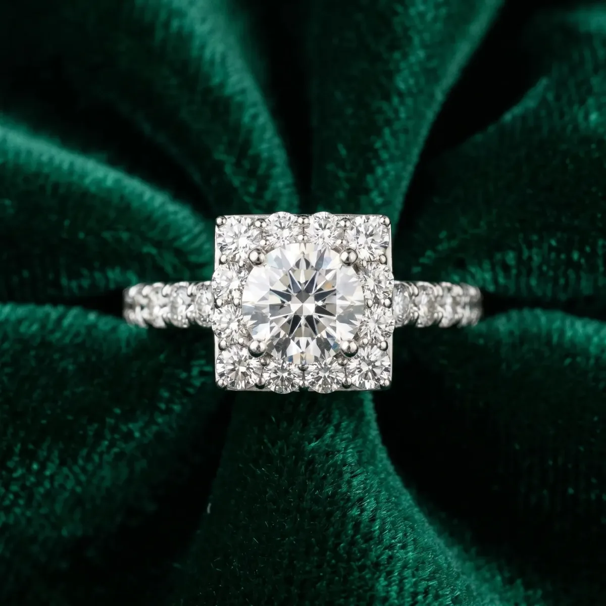 Halo Round Cut Diamond Pave Band Prong Setting Ring Platinum
