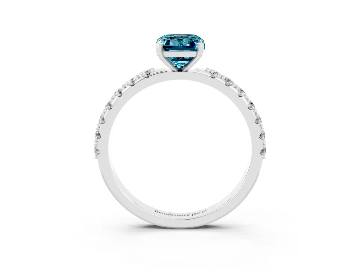 Emerald Cut Blue Topaz Solitaire Pavé Band with Four-Prong Setting Platinum