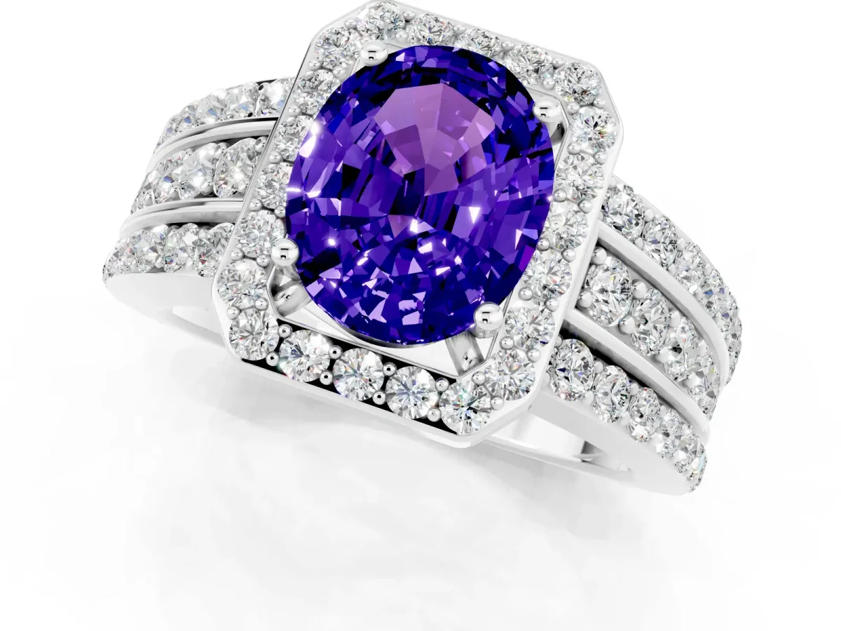 Oval Cut Halo Tanzanite Ring with Round Split Shank and Prong Setting Silver