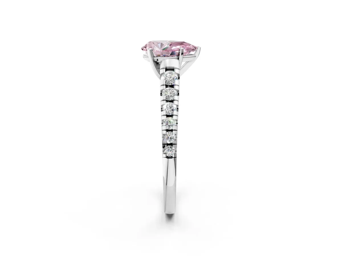 Fancy Pink Pear Cut Diamond Cathedral Solitaire Ring with Round Pavé Band Silver