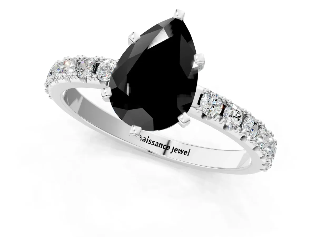 Fancy Black Pear Cut Diamond Solitaire Pavé Band with Four-Prong Setting Silver