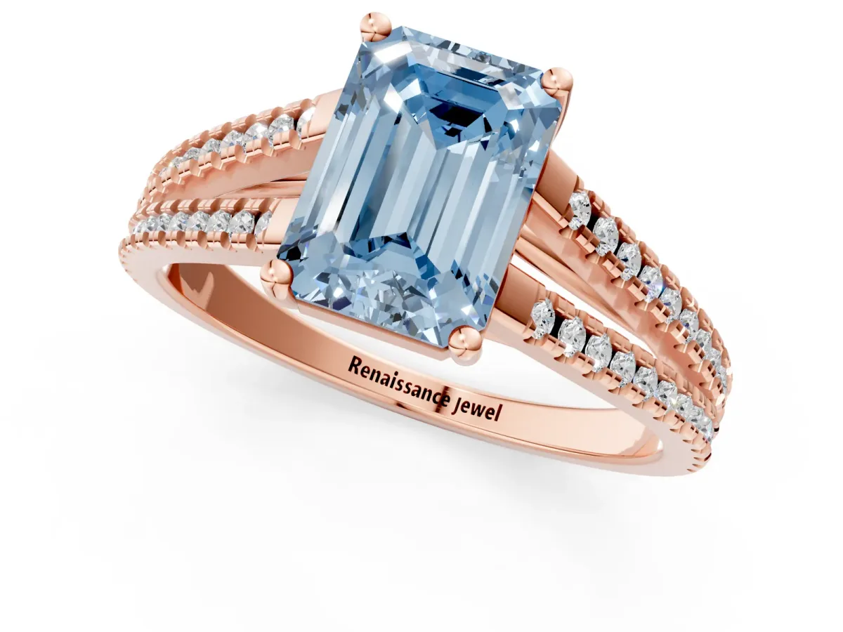 Fancy Blue Emerald Cut Diamond Solitaire Engagement Ring with Split Shank Pavé Band Rose gold