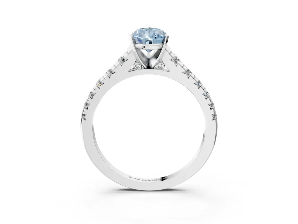 Fancy Blue Pear Cut Diamond Cathedral Solitaire Ring with Round Pavé Band Platinum