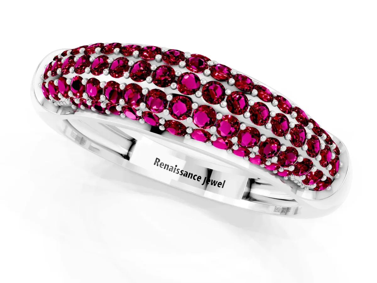 Three-Row Pavé Round Garnet Dome Band Platinum