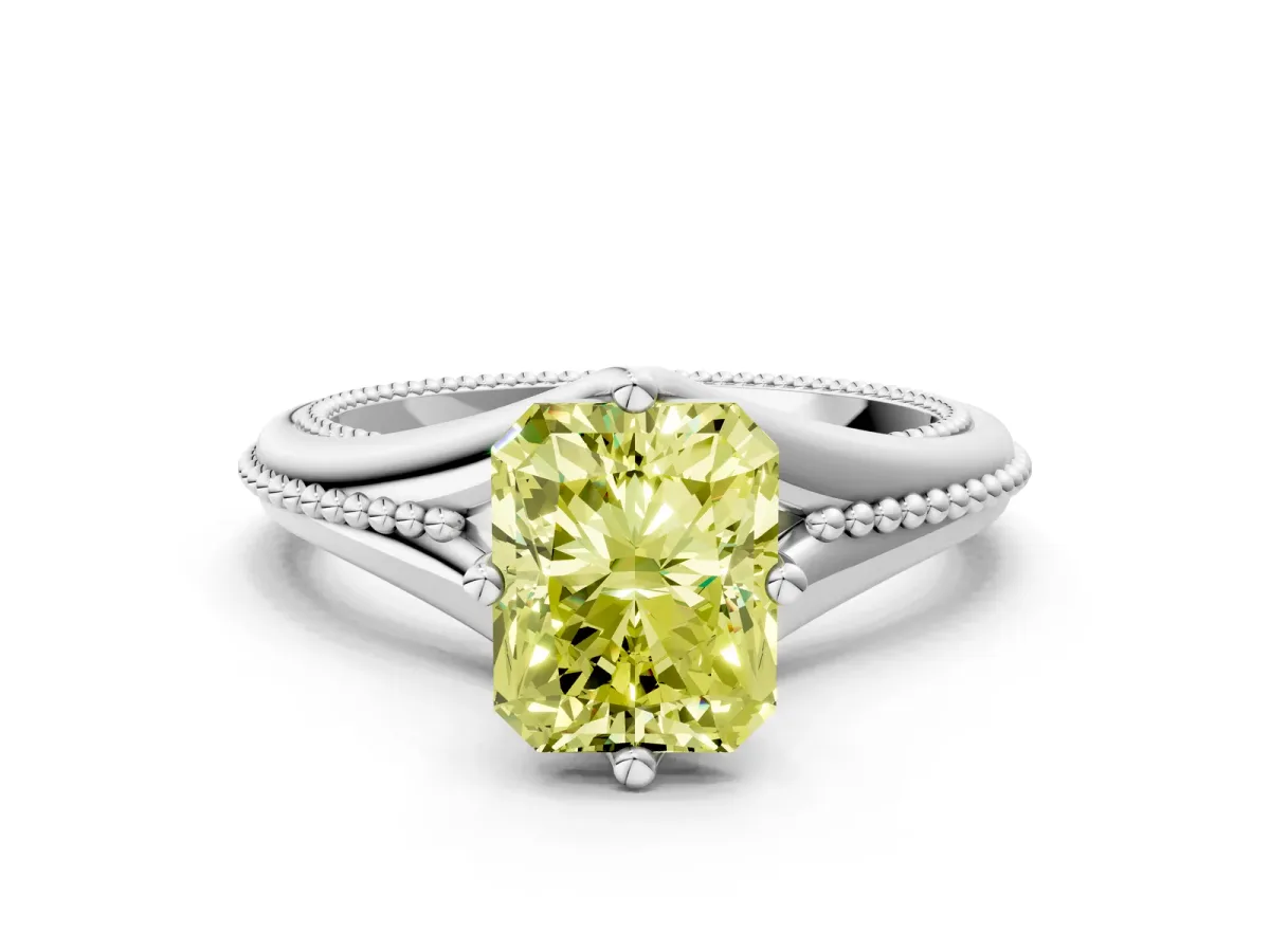 Fancy Yellow Radiant Cut Solitaire Beaded Band Six-Prong Setting Platinum