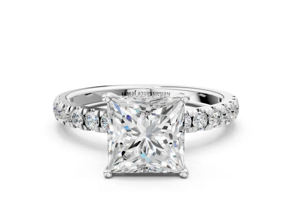Princess Cut Diamond Pave Band Solitaire Ring with Round and Prong Setting Platinum