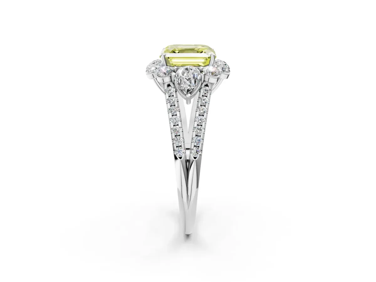 Fancy Yellow Asscher Cut Halo Split Shank Diamond Engagement Ring with Prong Setting Platinum