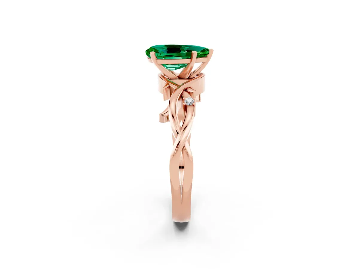 Pear Cut Emerald Solitaire Ring with Twisted Band and Prong Setting Rose gold