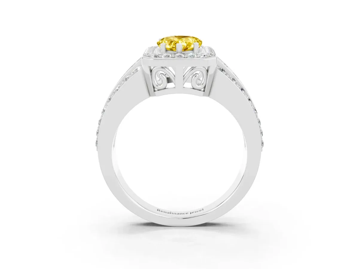 Pear Cut Halo Yellow Sapphire Ring with Round Split Shank and Prong Setting Platinum