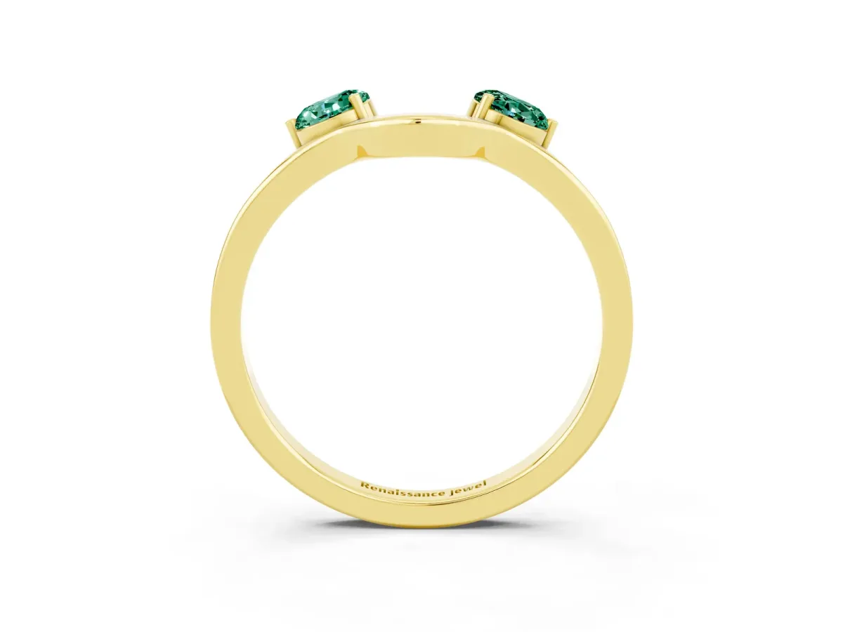 Dual Round Green Sapphire Open Band Ring with Prong Setting Yellow gold