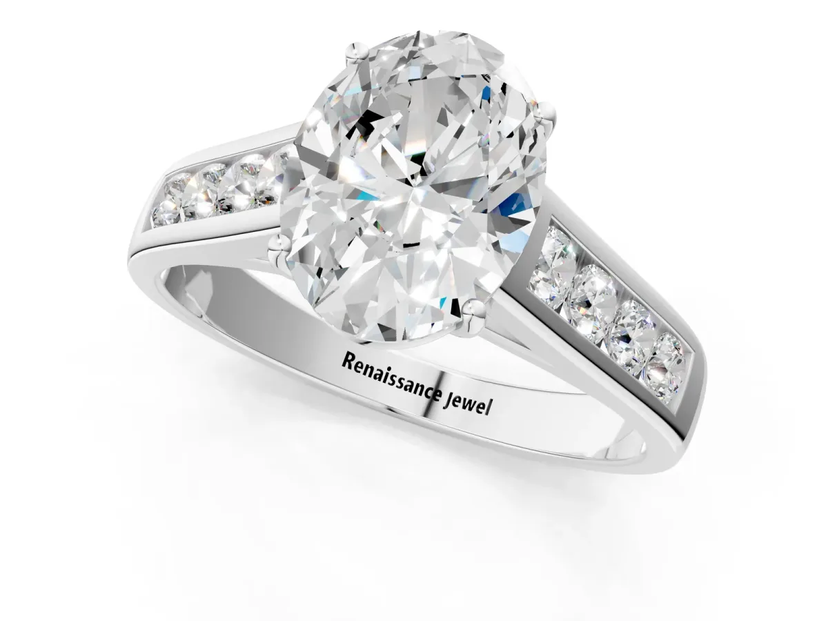 Oval Cut Brilliant Channel-Set Solitaire Ring with Four-Prong Setting White gold