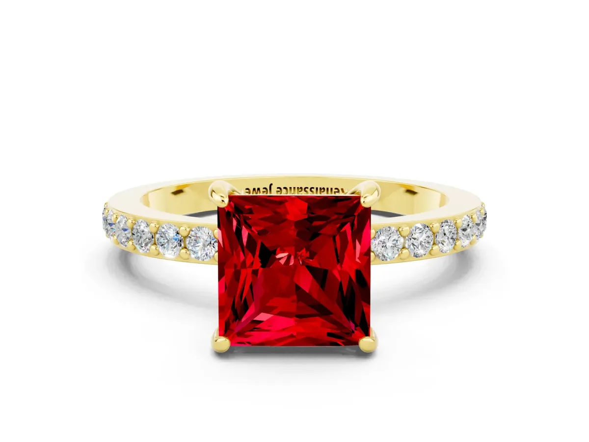 Princess Cut Ruby Solitaire Engagement Ring with Pavé Band and Four-Prong Setting Yellow gold
