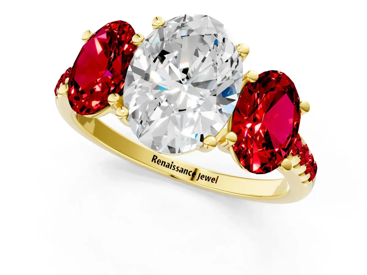 Three-Stone Oval Cut Diamond Ring with Round Ruby Pavé Band and Prong Setting Yellow gold