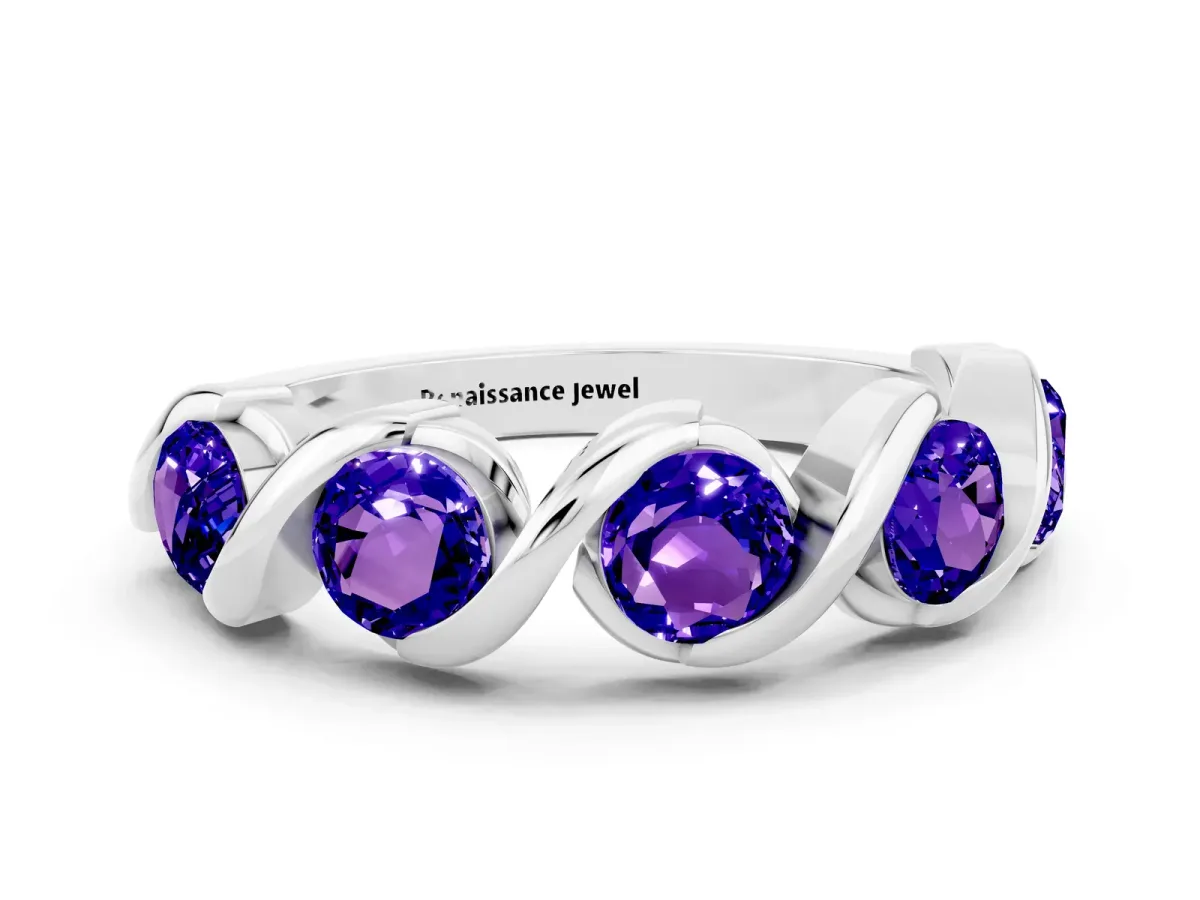 Round Tanzanite Wave Band with Channel Setting and Shared Prongs Silver