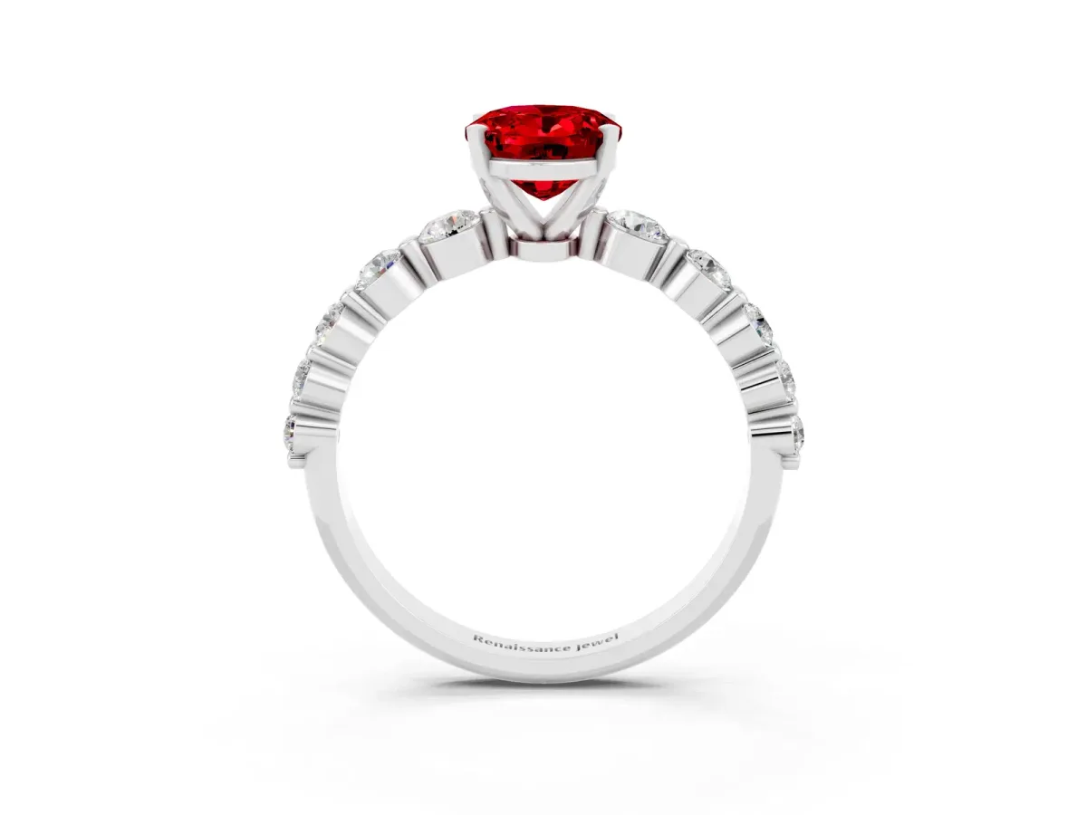 Oval Cut Solitaire Ruby Ring with Pave Band and Four-Prong Setting Silver
