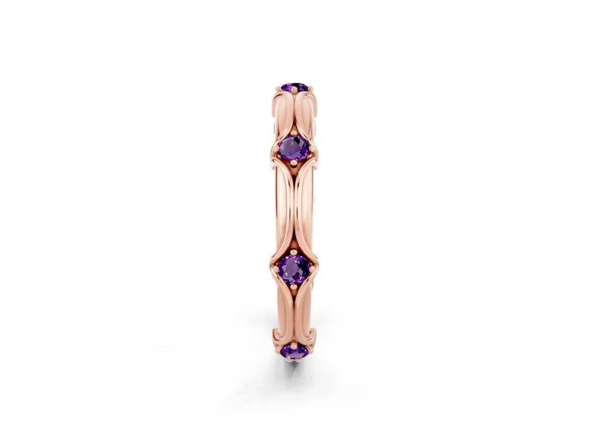 Round Amethyst Prong Set Milgrain Eternity Band Rose gold