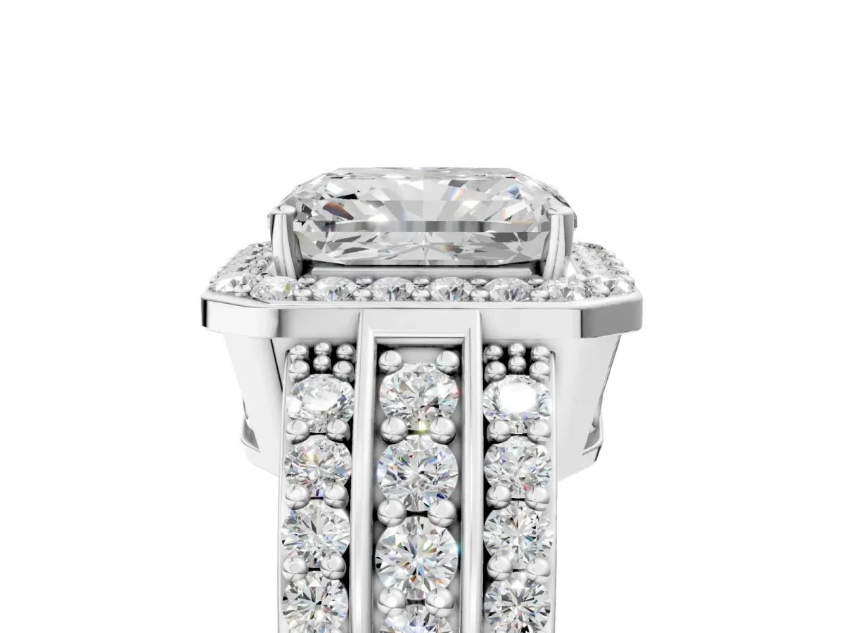 Radiant Cut Halo Diamond Ring with Round Split Shank and Prong Setting Silver