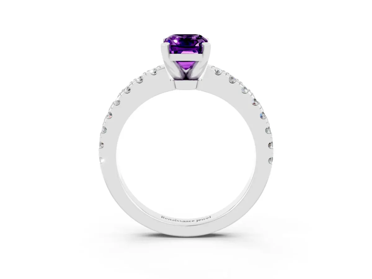 Emerald Cut Solitaire Amethyst with Pavé Band and Four-Prong Setting Platinum