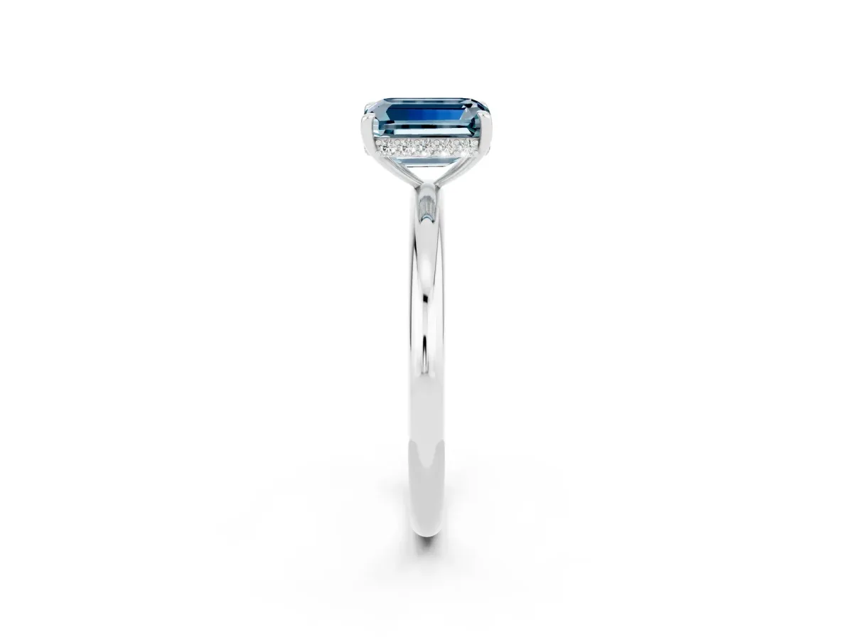 Emerald Cut Aquamarine Solitaire Ring with Thin Band and Four-Prong Setting White gold