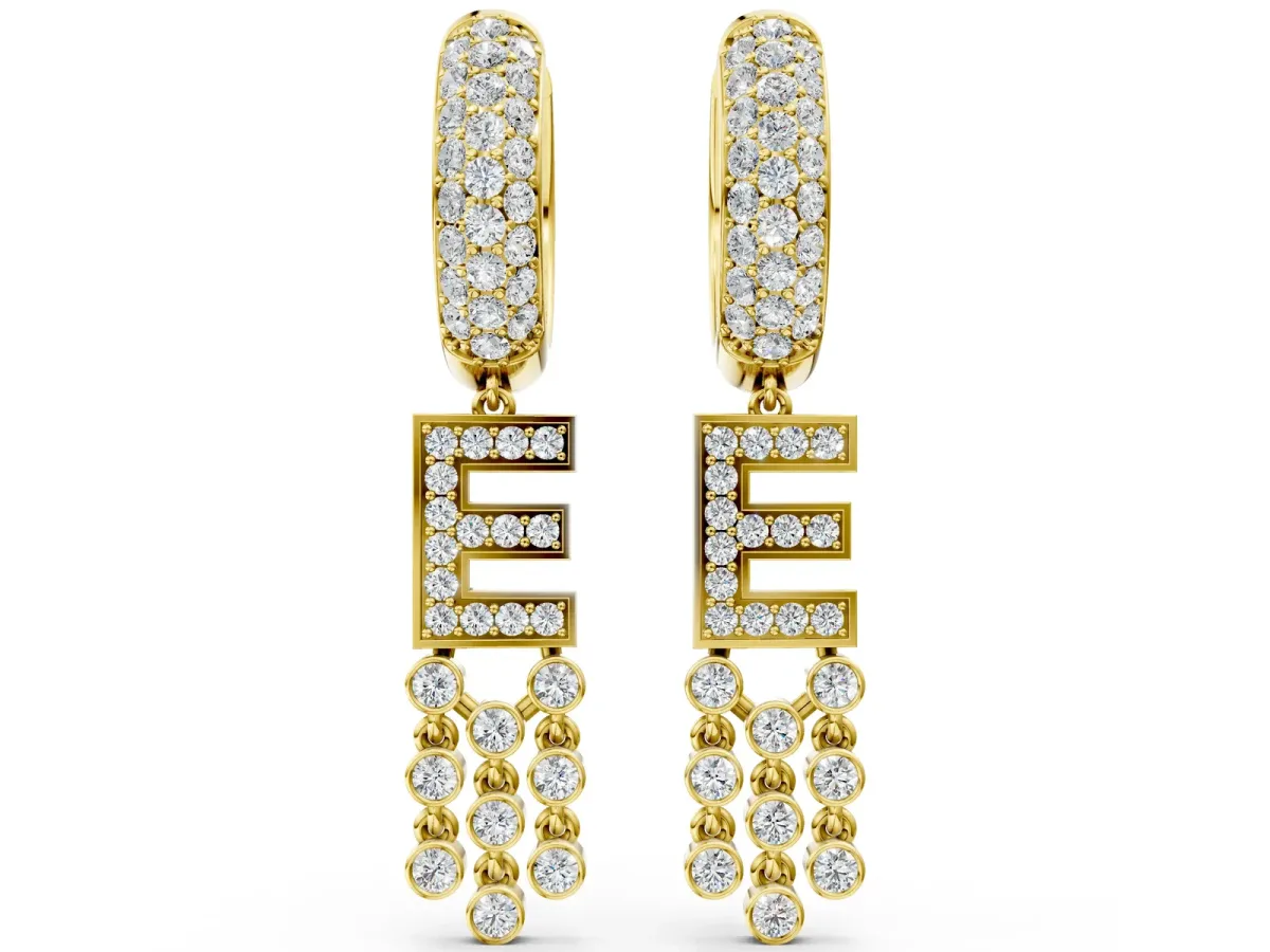 Round Diamond Initial E Huggie Hoop Earrings Yellow gold