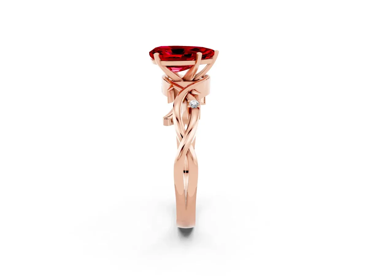 Pear Cut Ruby Solitaire Ring with Twisted Band and Prong Setting Rose gold