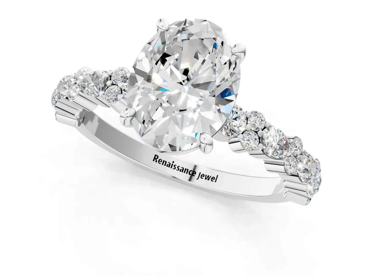 Oval Cut Diamond Side Stone Solitaire Ring with Round Moissanite and Four-Prong Setting Silver