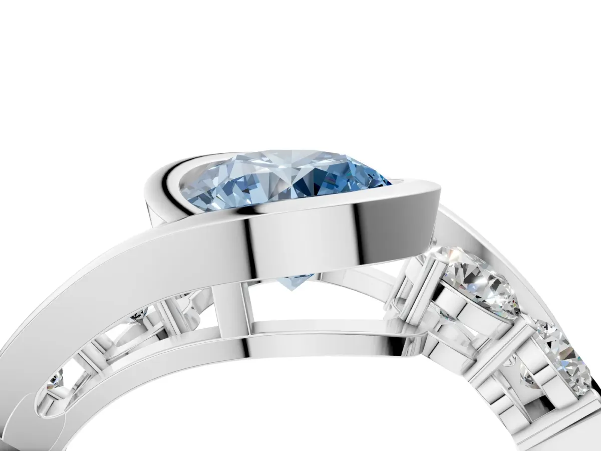 Fancy Blue Bezel Set Round Cut Diamond Bypass Ring with Round Accents Platinum