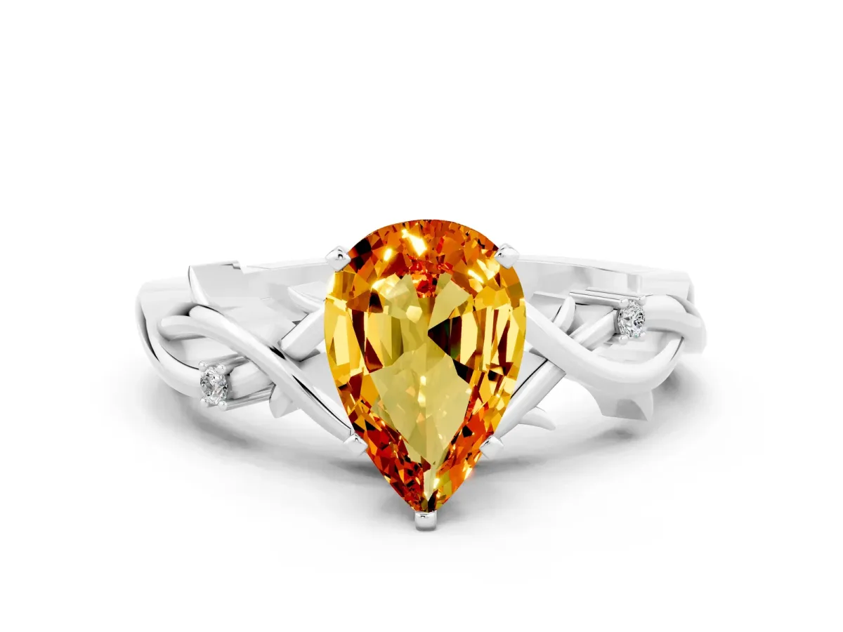Pear Cut Citrine Solitaire Ring with Twisted Band and Prong Setting Platinum