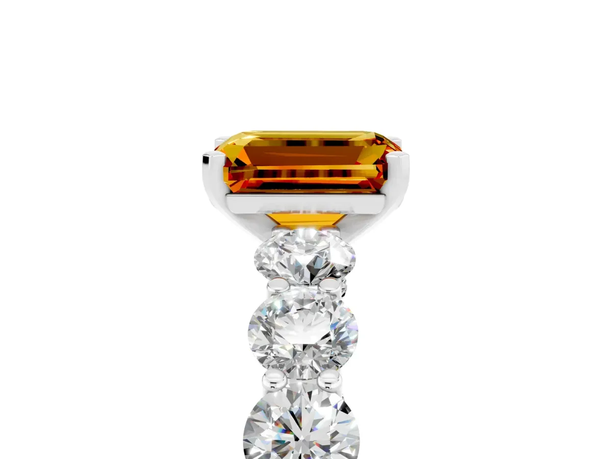 Emerald Cut Citrine Prong Setting with Side Stones on a Pave Band White gold