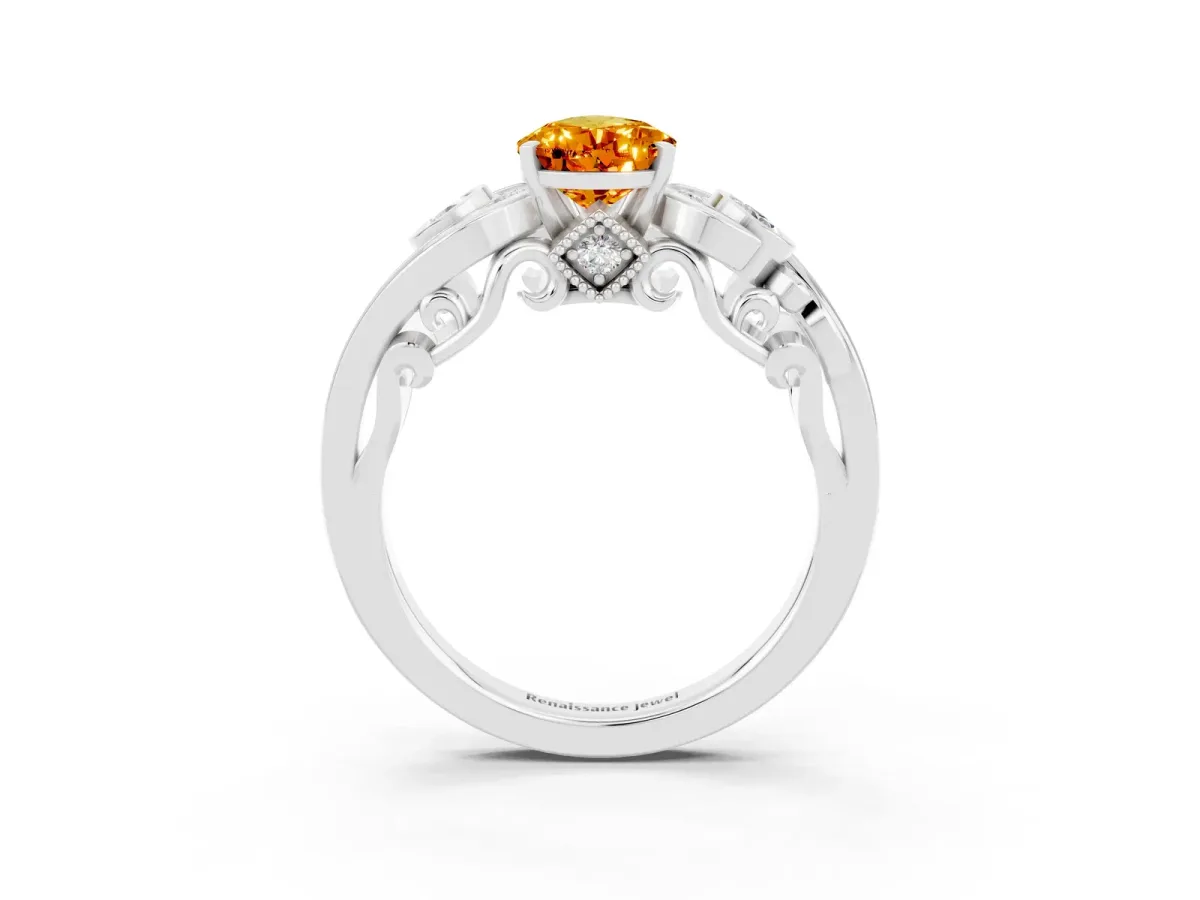 Pear Cut Citrine Solitaire Ring with Milgrain Pavé Band and Four-Prong Setting Silver