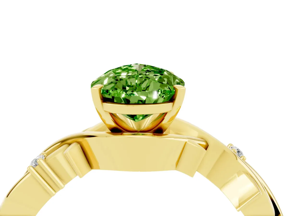 Pear Cut Peridot Solitaire Ring with Twisted Band and Prong Setting Yellow gold