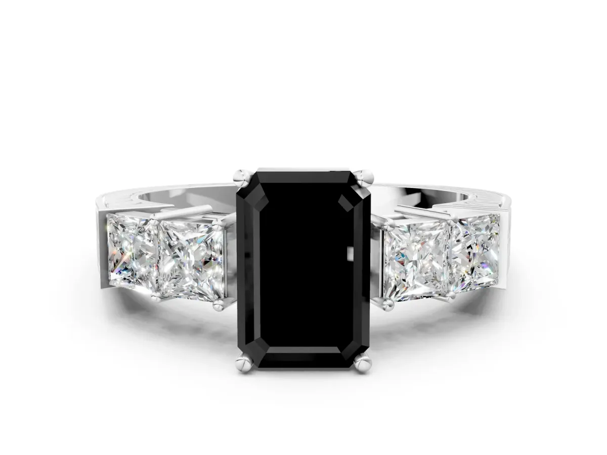 Fancy Black Emerald Cut Solitaire Princess Side Stone Engraved Band Prong Setting Ring Silver