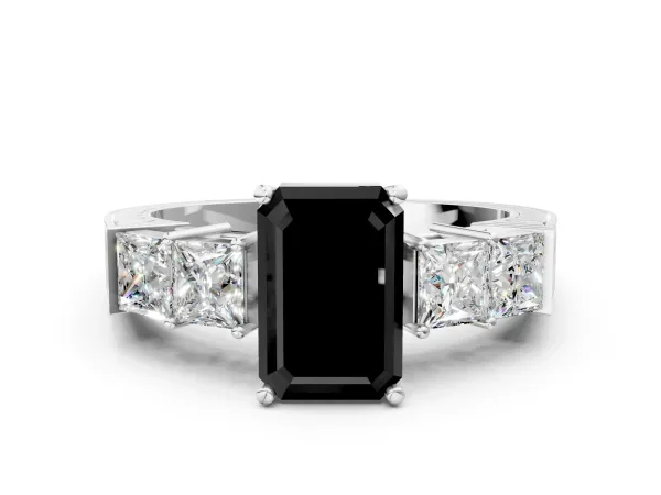 Fancy Black Emerald Cut Solitaire Princess Side Stone Engraved Band Prong Setting Ring Platinum