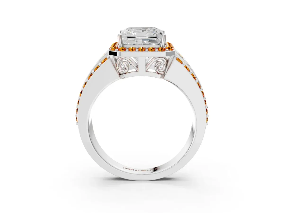 Princess Cut Halo Diamond Ring with Round Citrine Split Shank and Prong Setting Platinum