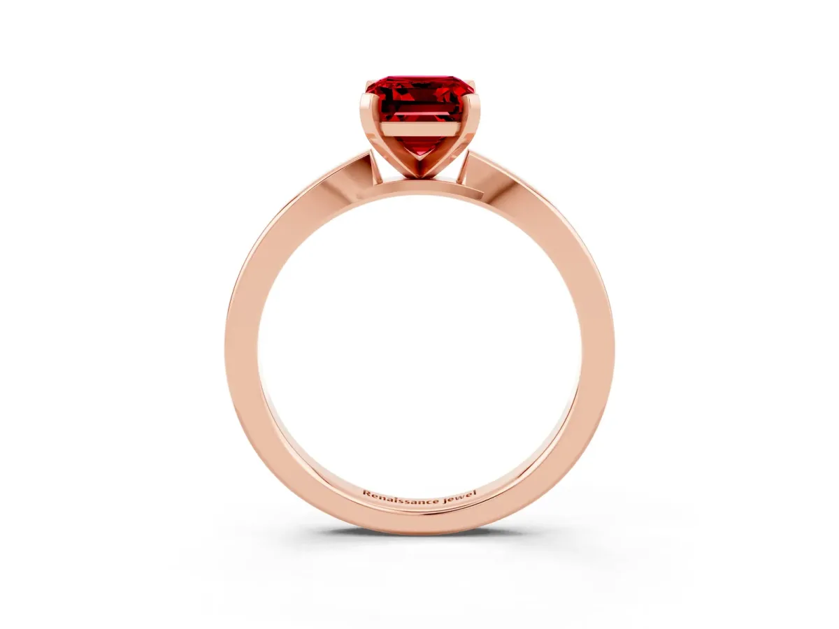 Emerald Cut Ruby Solitaire Engagement Ring with Classic Band and Four-Prong Setting Rose gold