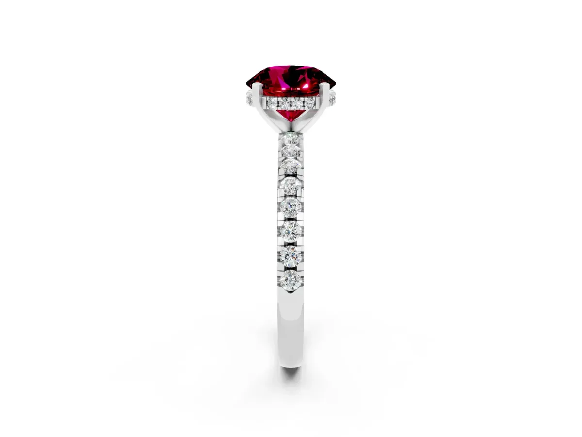 Round Cut Garnet Solitaire Ring with Round Pavé Band and Four-Prong Setting Silver