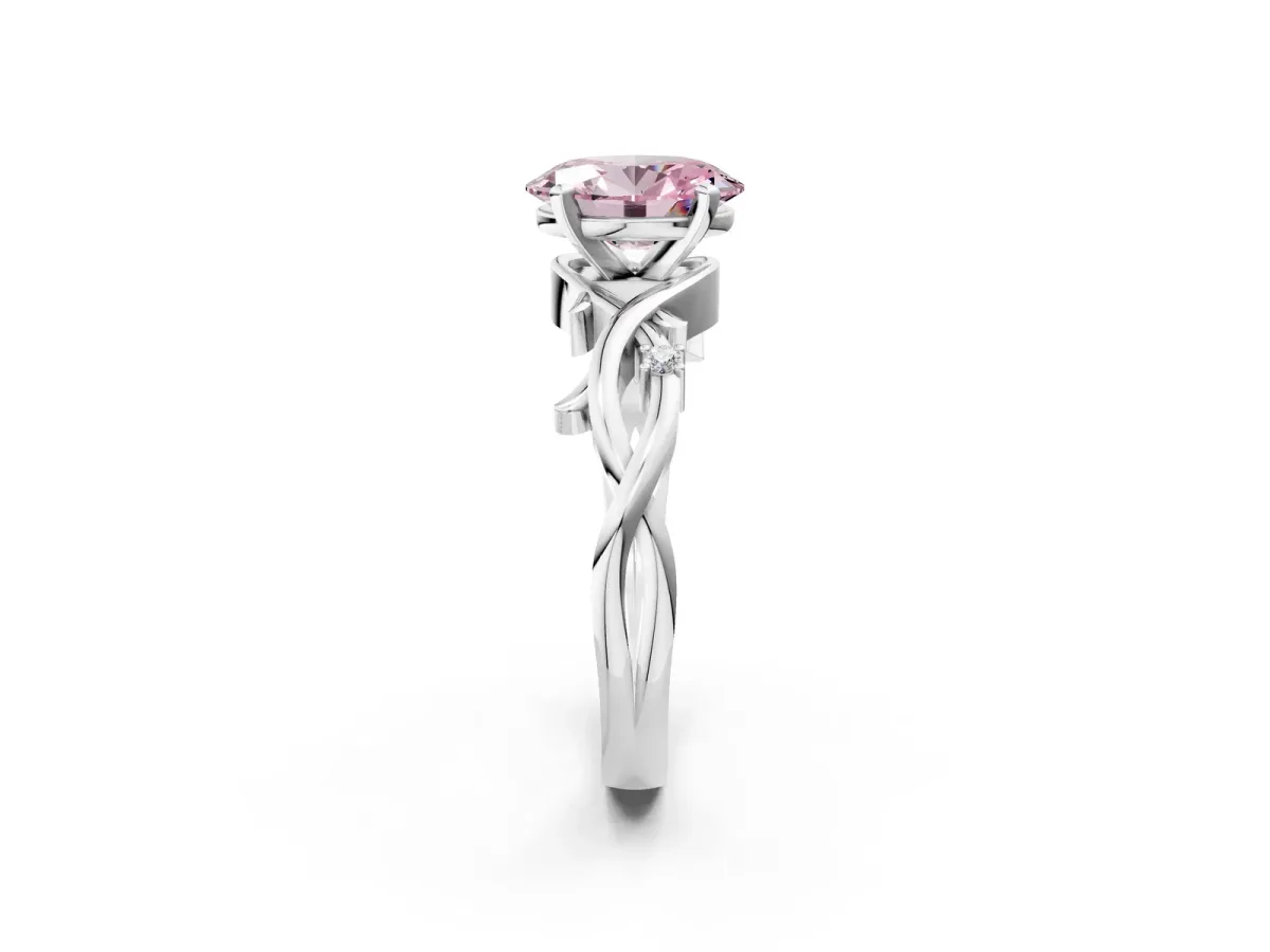 Fancy Pink Oval Cut Diamond Solitaire Ring with Twisted Band and Prong Setting Silver