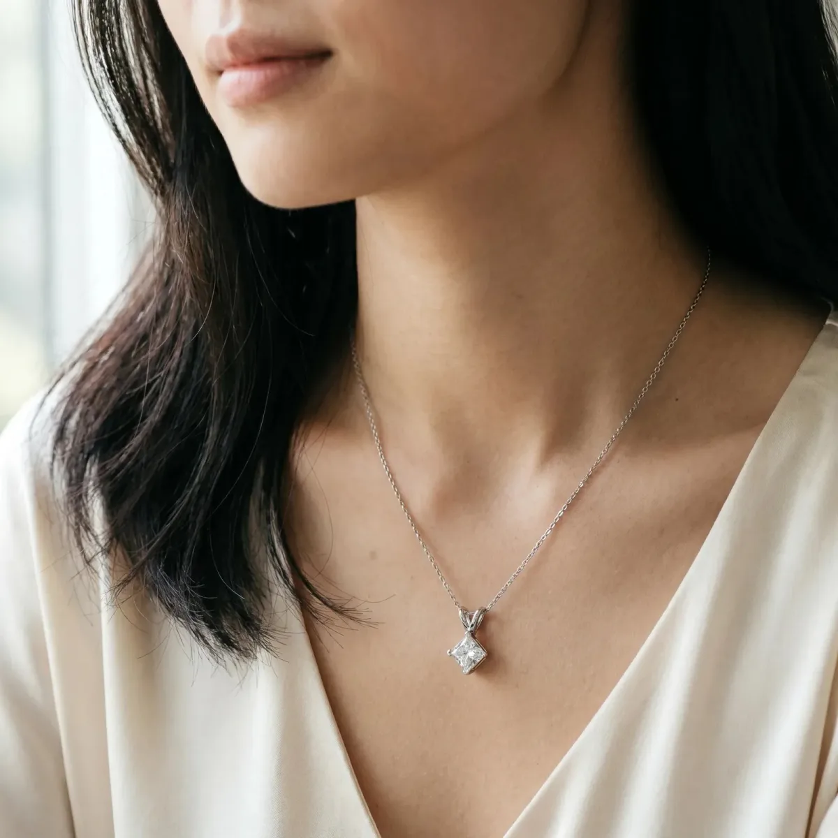 Princess Cut Bezel Set Pendant White gold