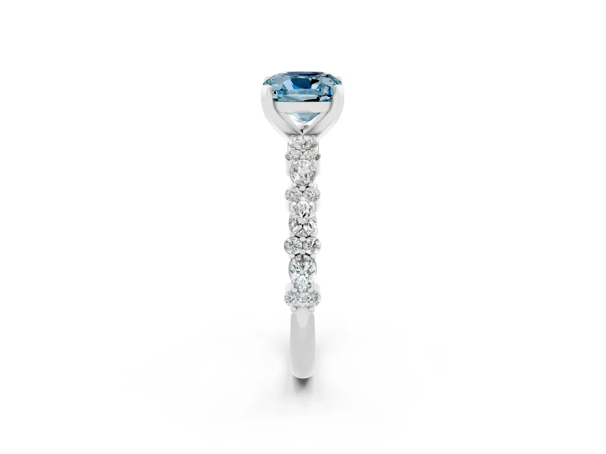Cushion Cut Aquamarine Side Stone Solitaire Ring with Round and Four-Prong Setting Silver