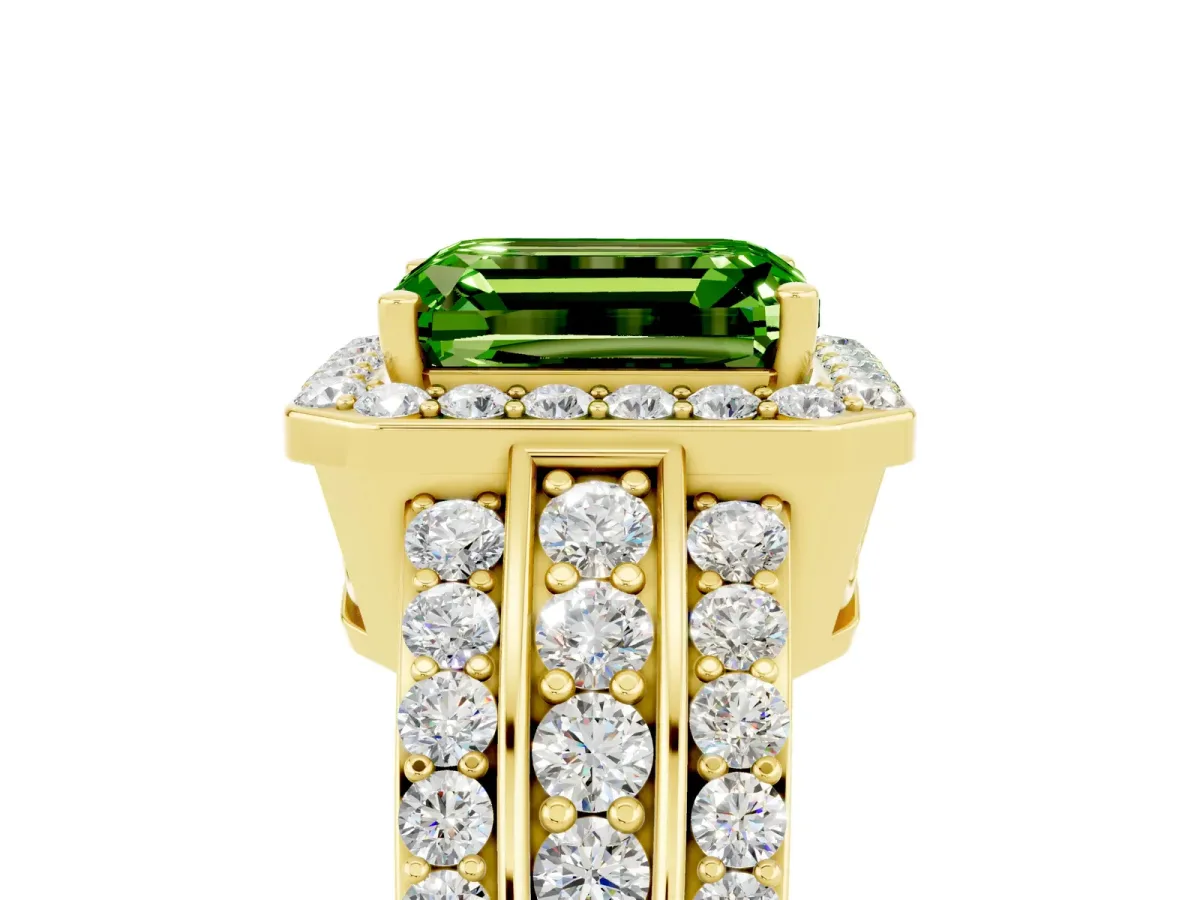 Emerald Cut Halo Peridot Ring with Round Split Shank and Prong Setting Yellow gold