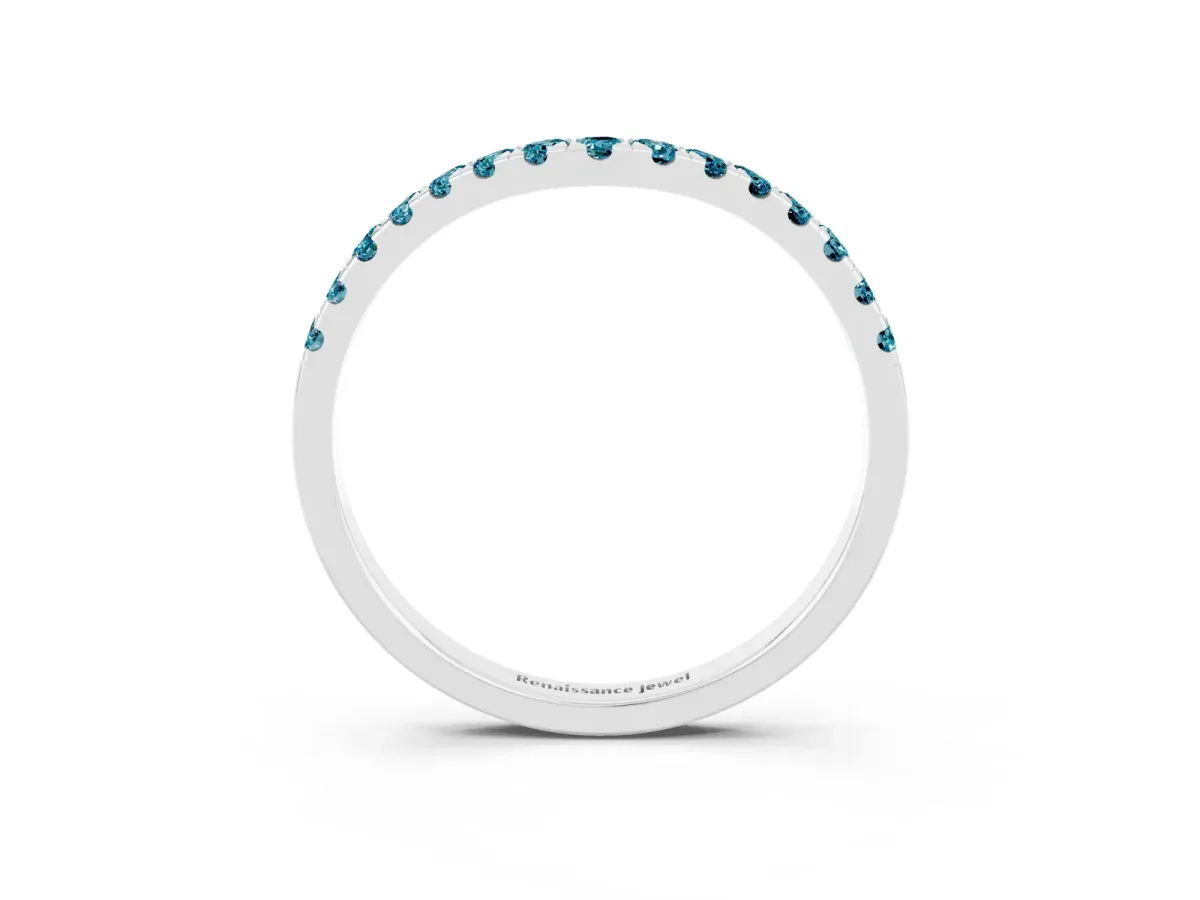 Curved Pavé Round Blue Topaz Wedding Band with Shared Prong Setting White gold
